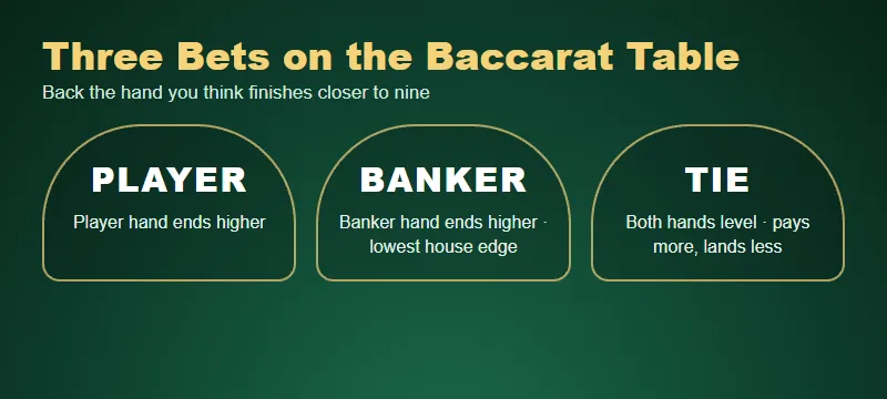 Baccarat online viva96.com bets Baccarat online viva96.com table with Player, Banker and Tie bets
