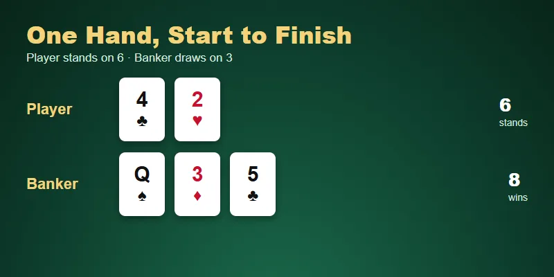 Viva96 Casino baccarat hand Viva96 Casino baccarat hand example: Player 6 stands, Banker draws to 8 and wins